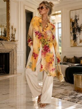 Flores & Flores 100% Silk Floral Sheer Duster Tunic Blouse Small